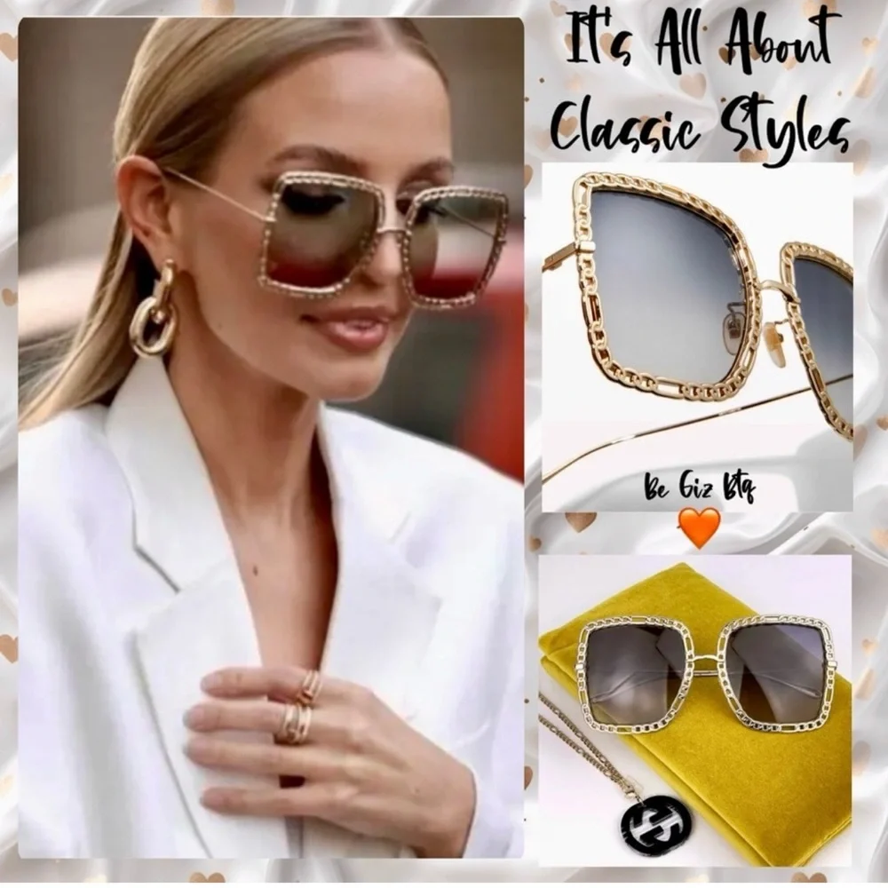 GUCCI Authentic Gold & Gray Gradient Rectangle Metal Sunglasses GG1033S 002